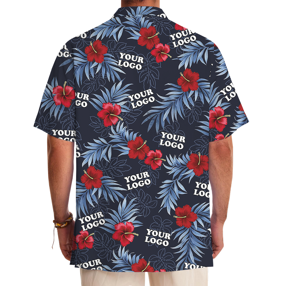 Custom Logo Navy and Red Hibiscus Hawaiian Shirt