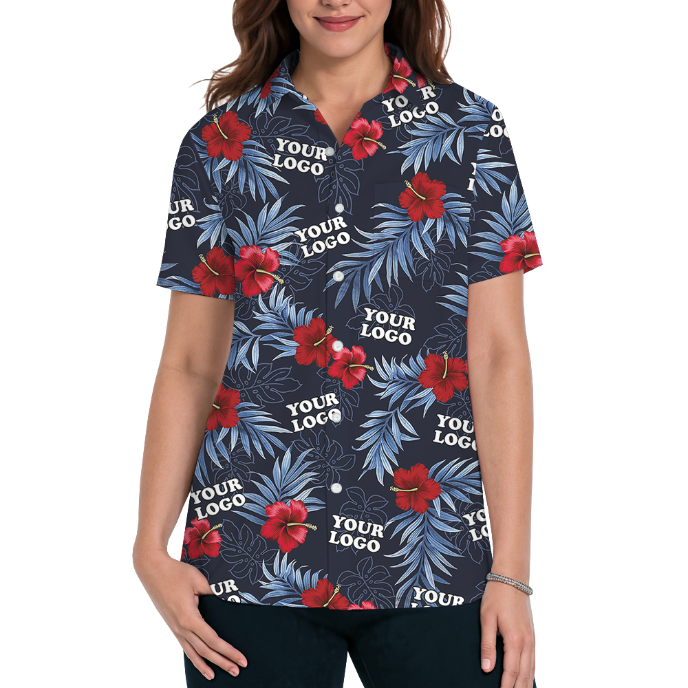 Custom Logo Navy and Red Hibiscus Hawaiian Shirt