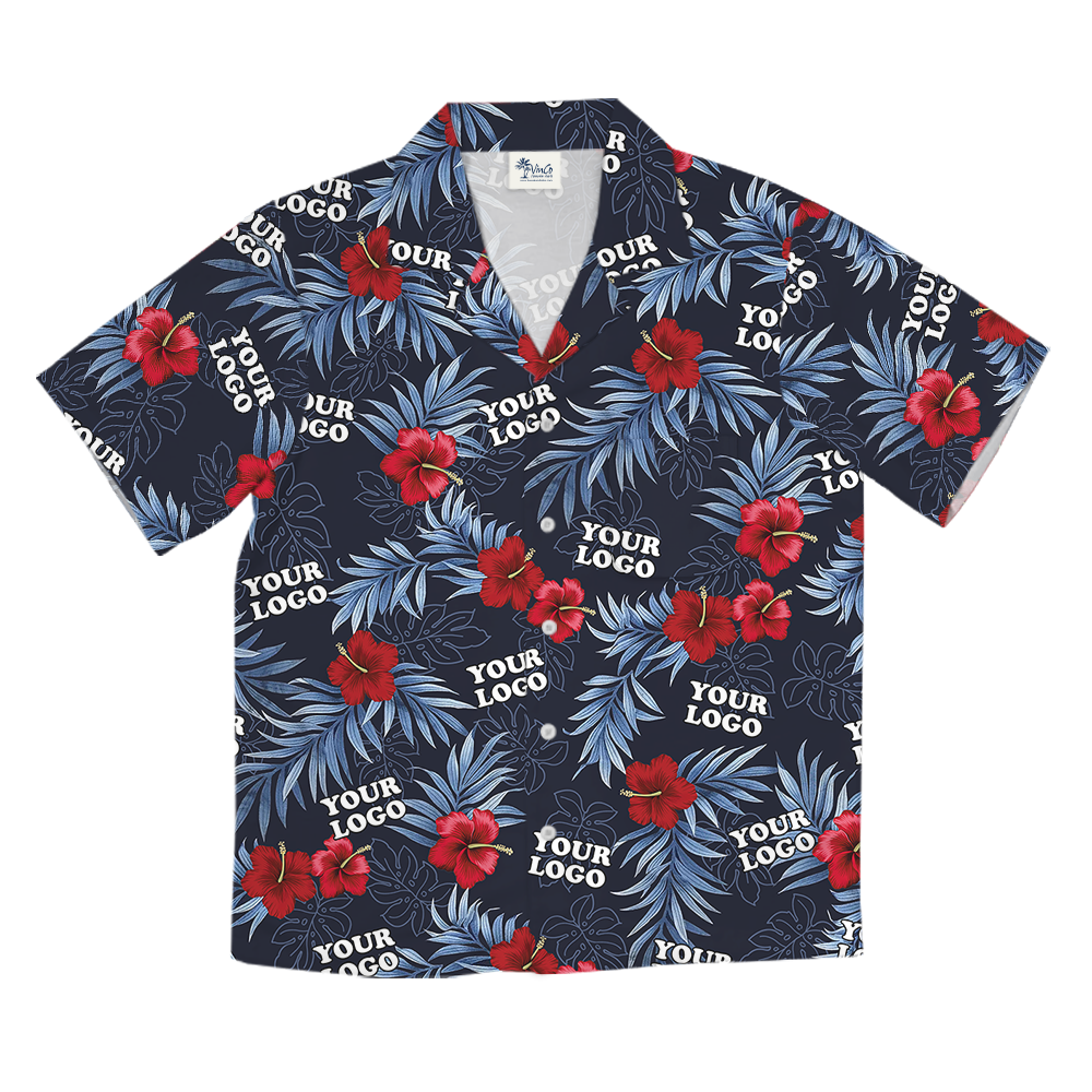 Custom Logo Navy and Red Hibiscus Hawaiian Shirt