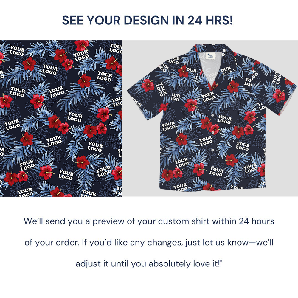 Custom Logo Navy and Red Hibiscus Hawaiian Shirt