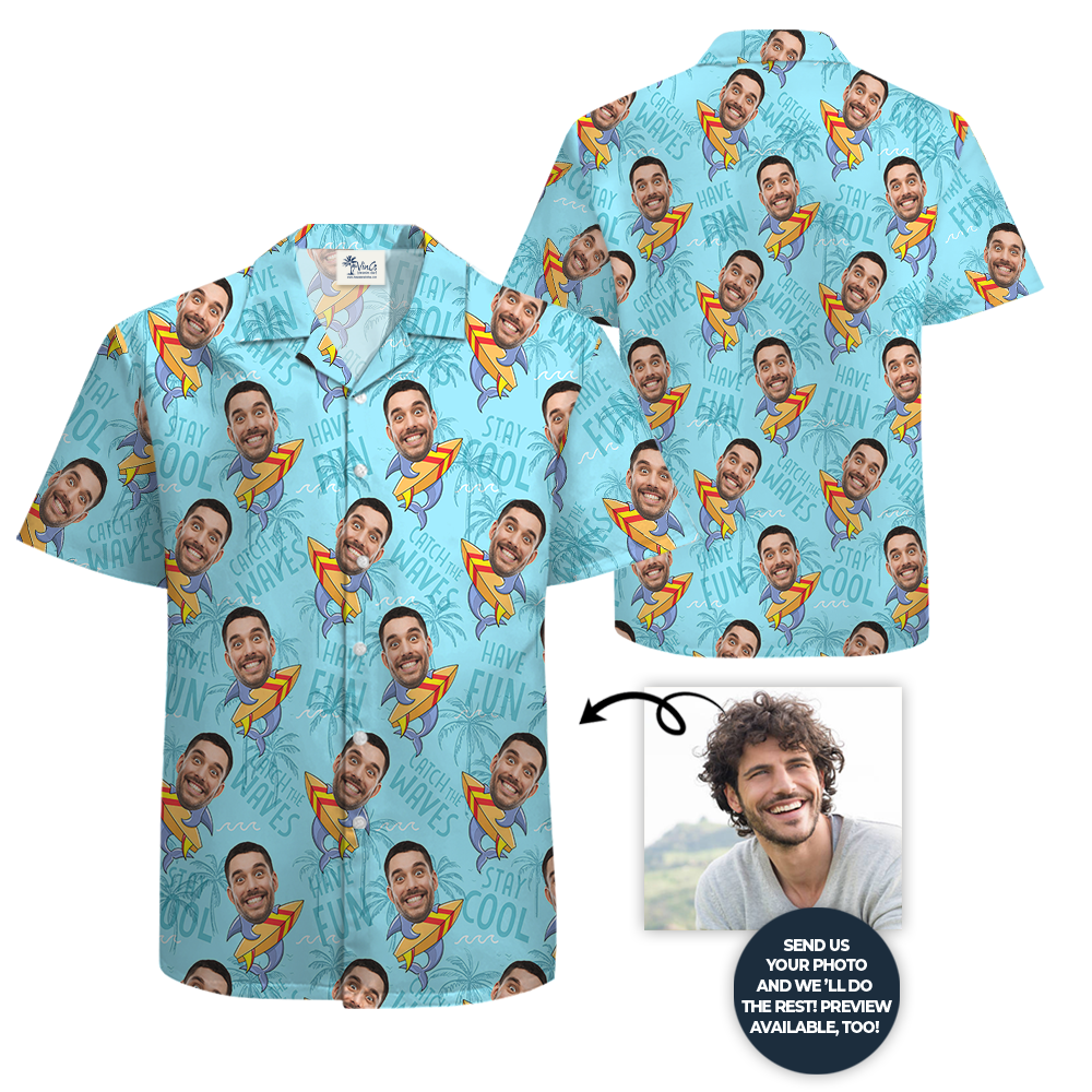 Blue Custom Logo and Face Surfboard Hawaiian Shirt