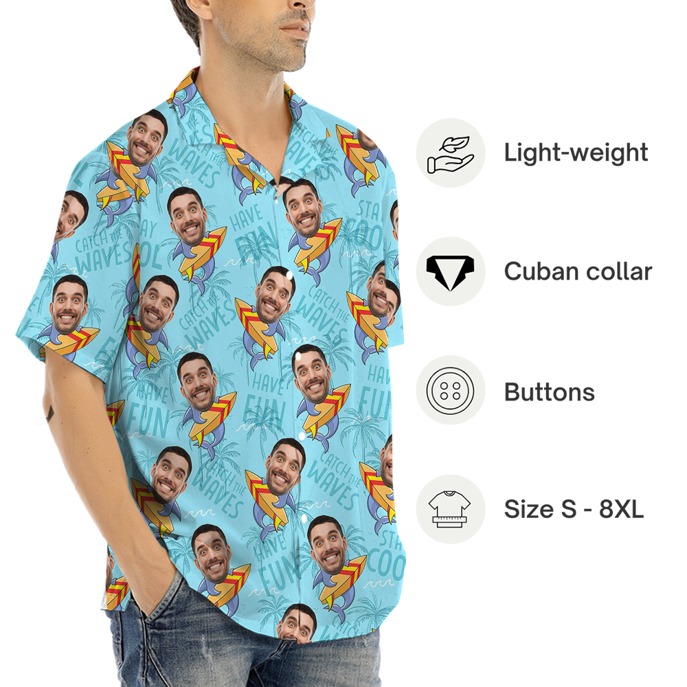 Blue Custom Logo and Face Surfboard Hawaiian Shirt