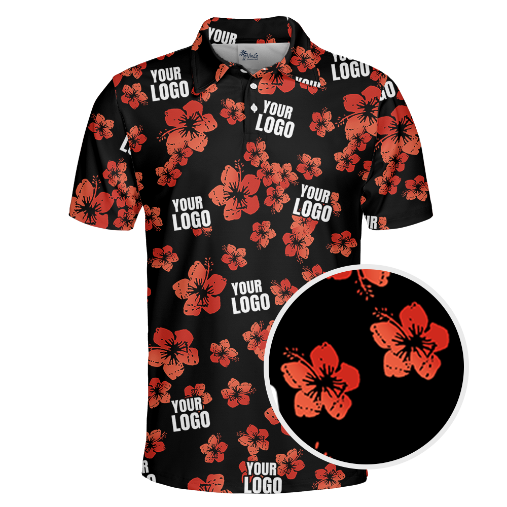 Vintage Custom Logo Black And Red Hibiscus Polo Shirt