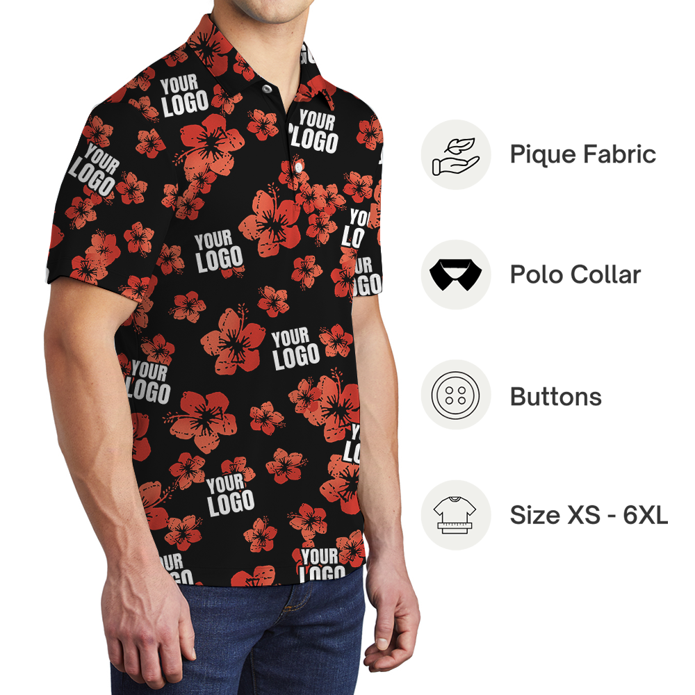 Vintage Custom Logo Black And Red Hibiscus Polo Shirt