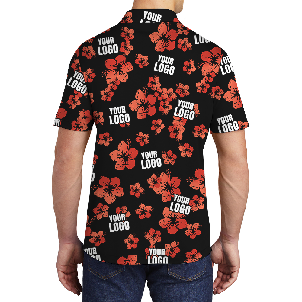 Vintage Custom Logo Black And Red Hibiscus Polo Shirt