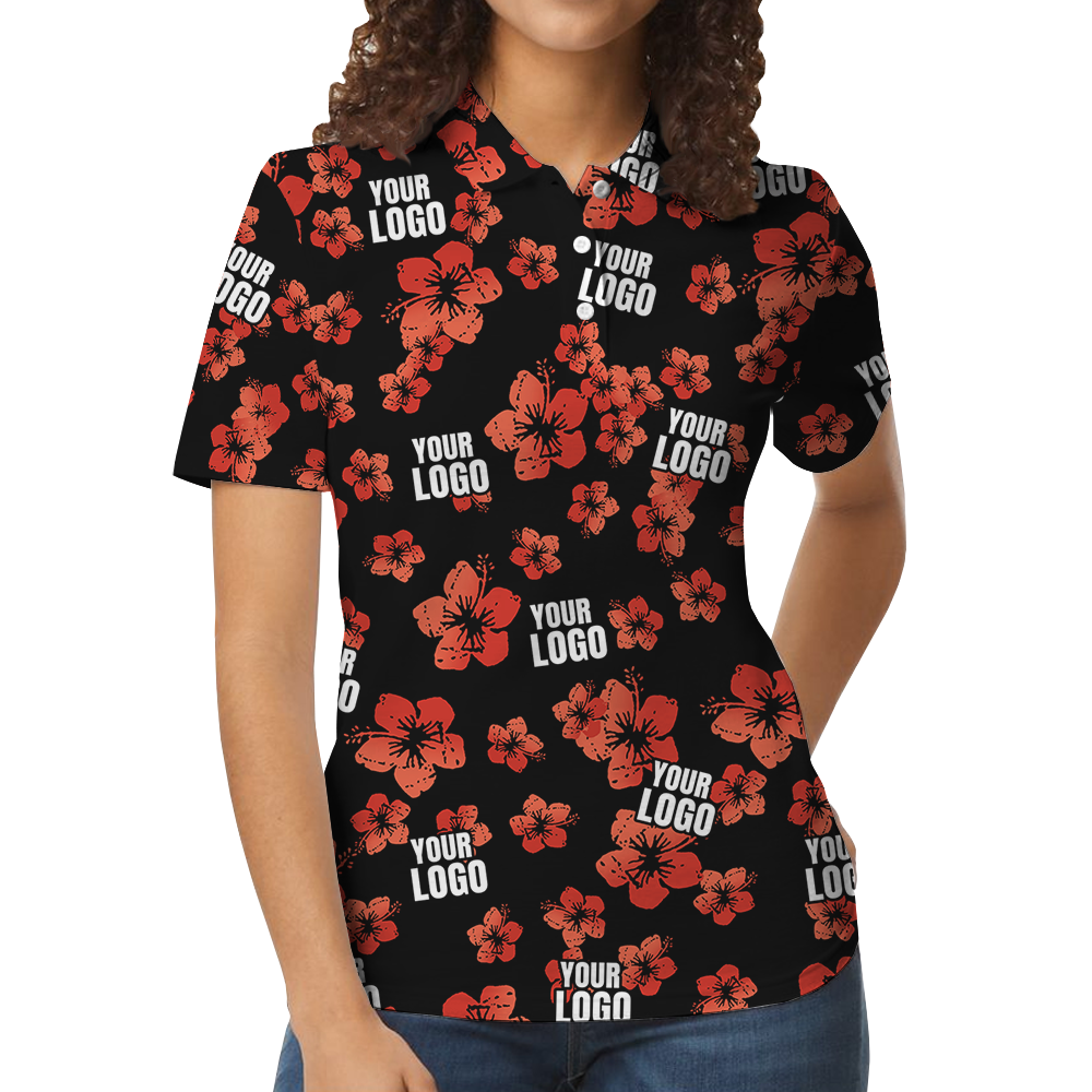 Vintage Custom Logo Black And Red Hibiscus Polo Shirt