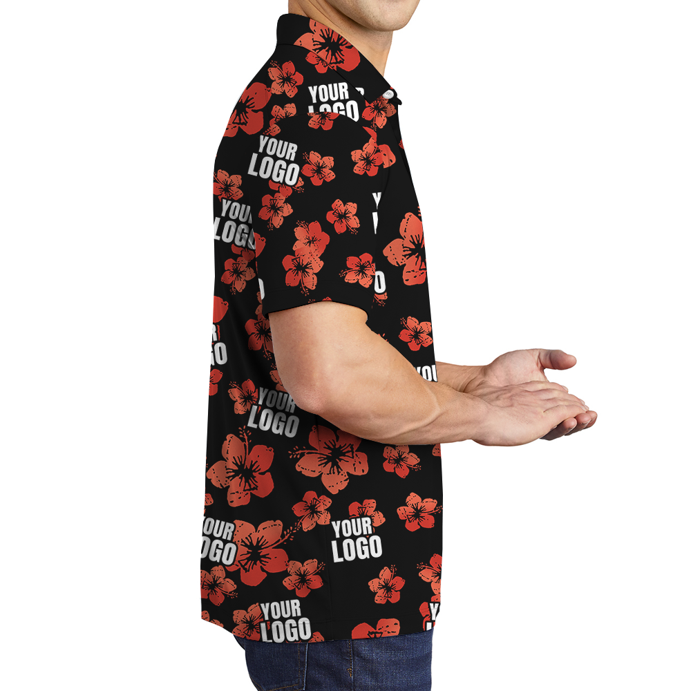 Vintage Custom Logo Black And Red Hibiscus Polo Shirt