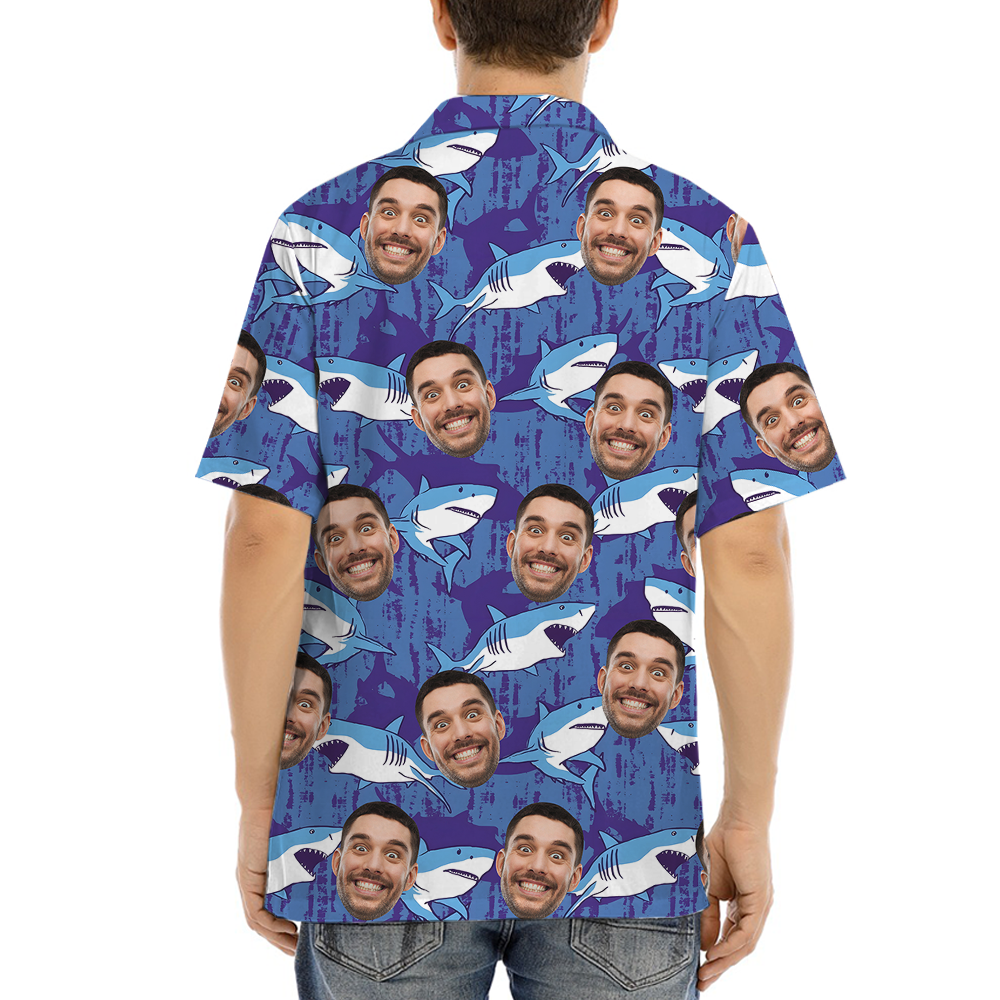 Blue Navy Shark Hawaiian Shirt With Custom Logo and Face