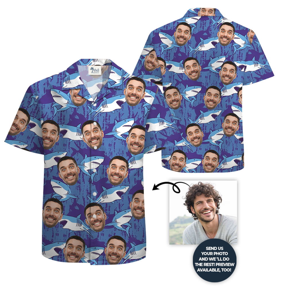 Blue Navy Shark Hawaiian Shirt With Custom Logo and Face
