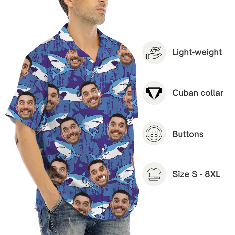 Blue Navy Shark Hawaiian Shirt With Custom Logo and Face