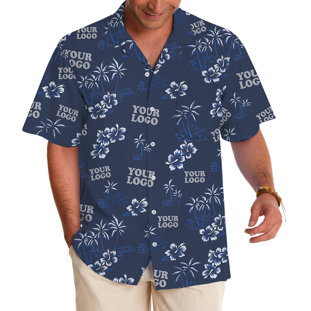 Navy Custom Logo Palm Tree and Hibiscus Hawaiian Shirt - variant image 1