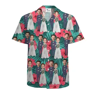 Custom Wedding Hawaiian Shirt – Tropical Bride &amp; Groom Face Pattern with New Live Preview