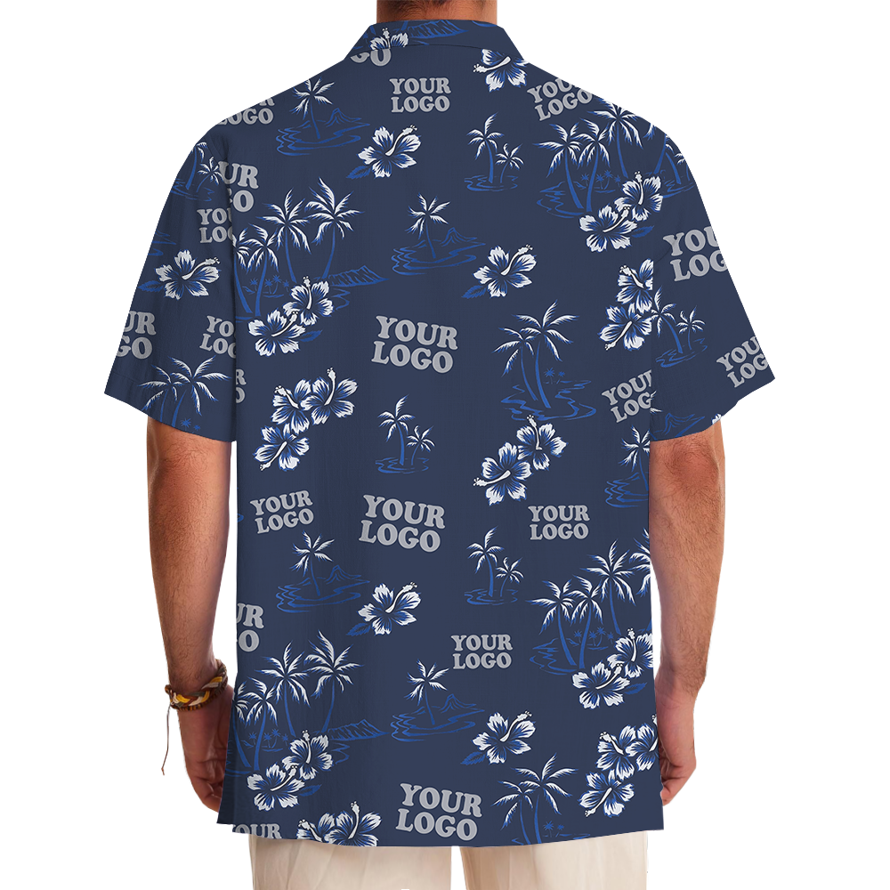 Navy Custom Logo Palm Tree and Hibiscus Hawaiian Shirt