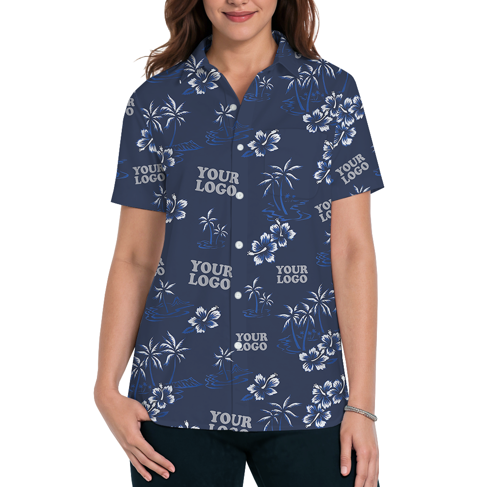 Navy Custom Logo Palm Tree and Hibiscus Hawaiian Shirt