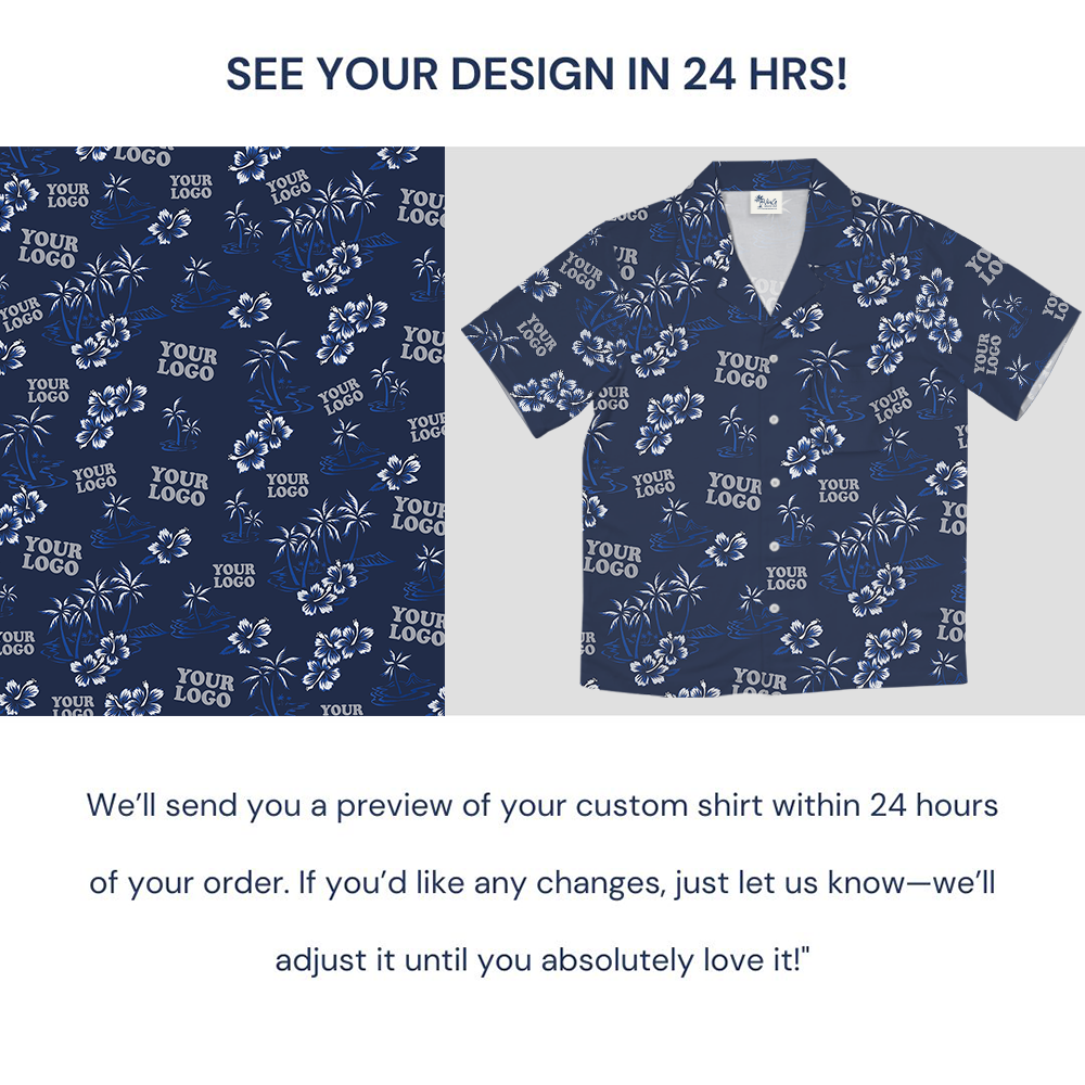 Navy Custom Logo Palm Tree and Hibiscus Hawaiian Shirt
