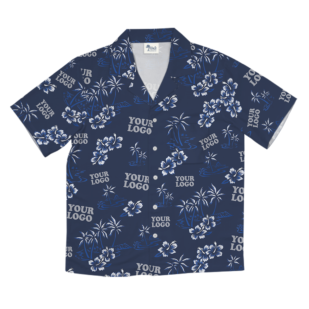 Navy Custom Logo Palm Tree and Hibiscus Hawaiian Shirt