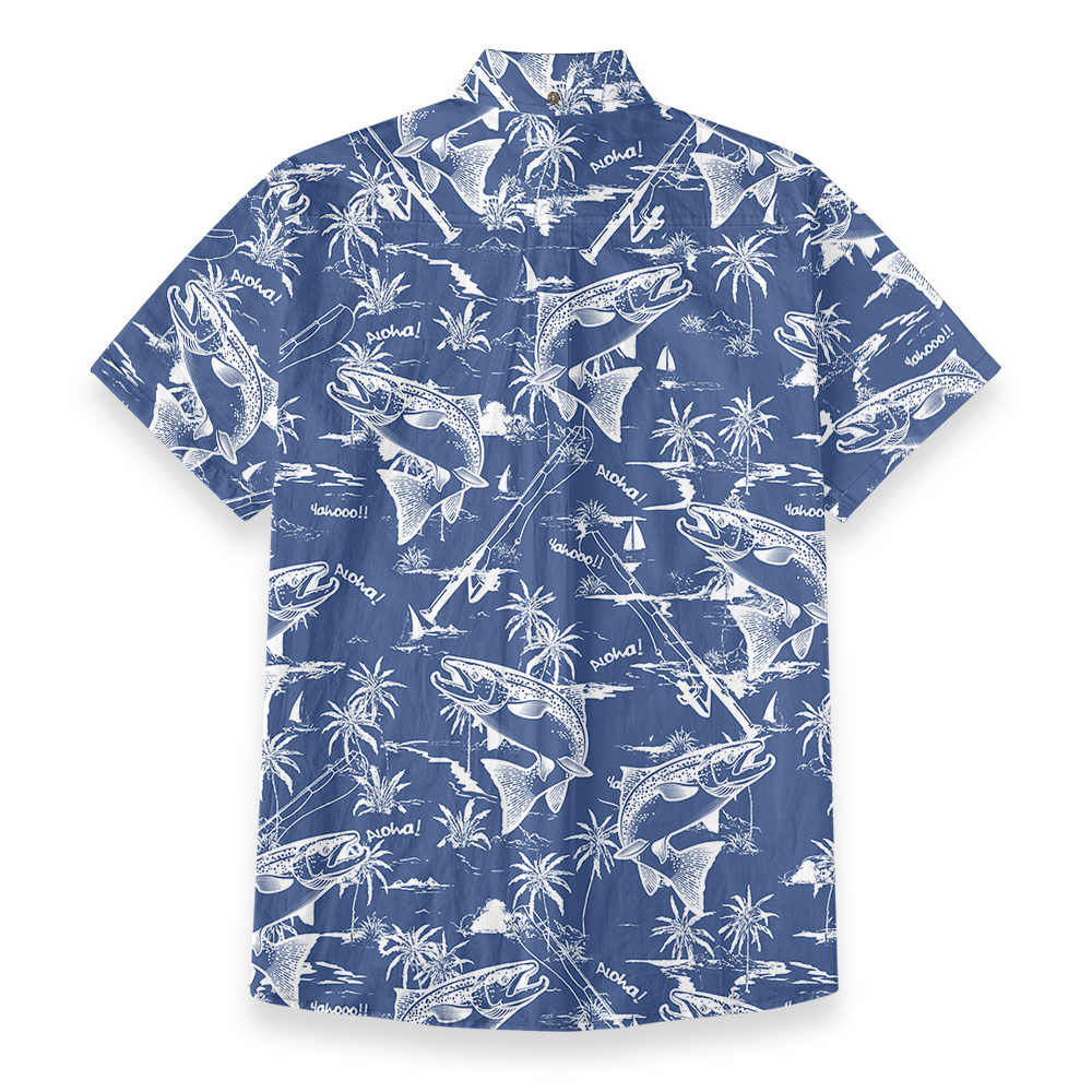 Blue Cotton Fishing Print Button Down Shirt