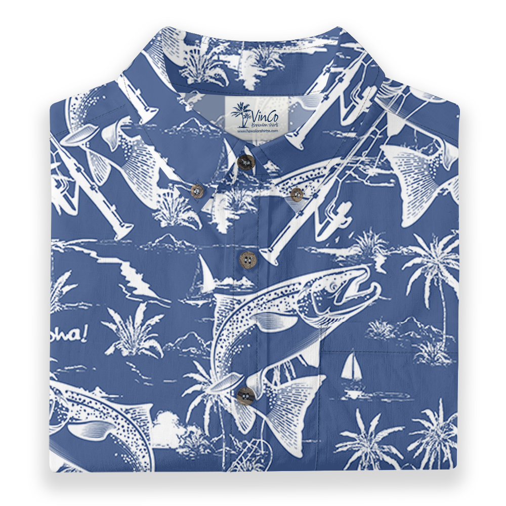 Blue Cotton Fishing Print Button Down Shirt