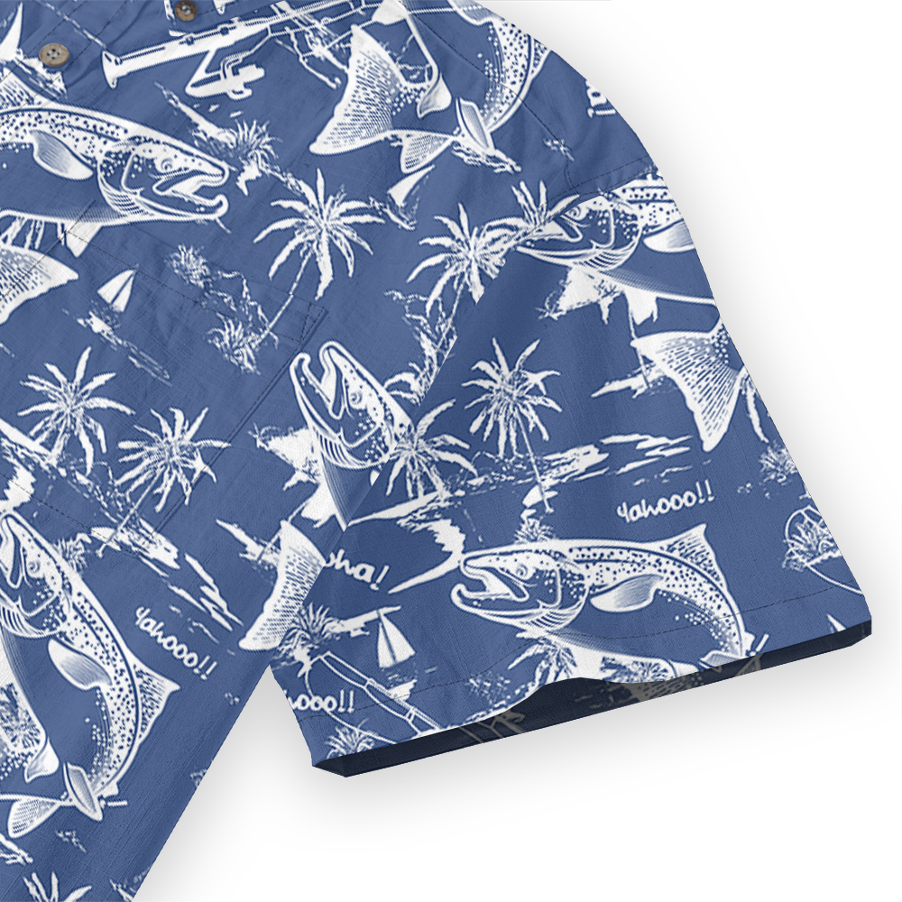 Blue Cotton Fishing Print Button Down Shirt