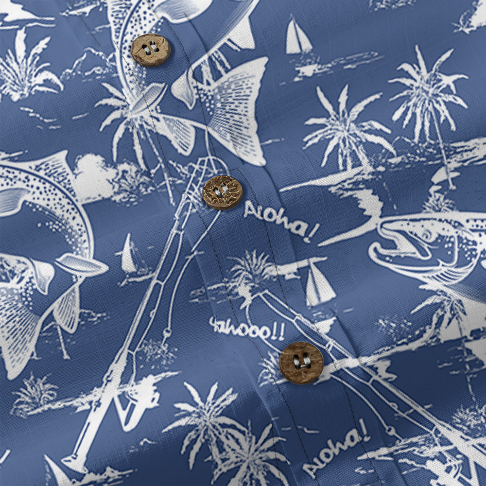 Blue Cotton Fishing Print Button Down Shirt