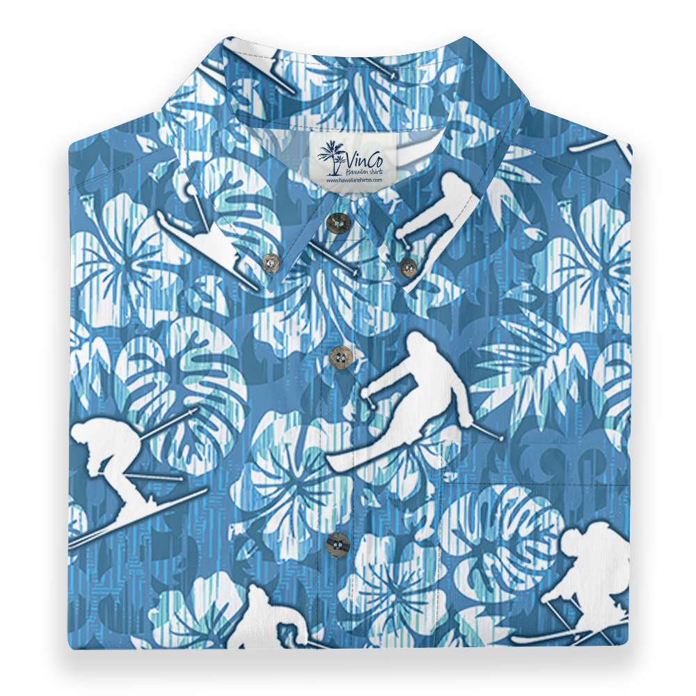 Skiing Cotton Button-Down Shirt with Tropical Print