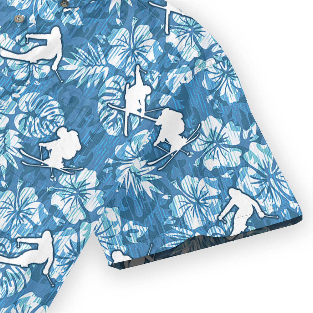 Skiing Cotton Button-Down Shirt with Tropical Print
