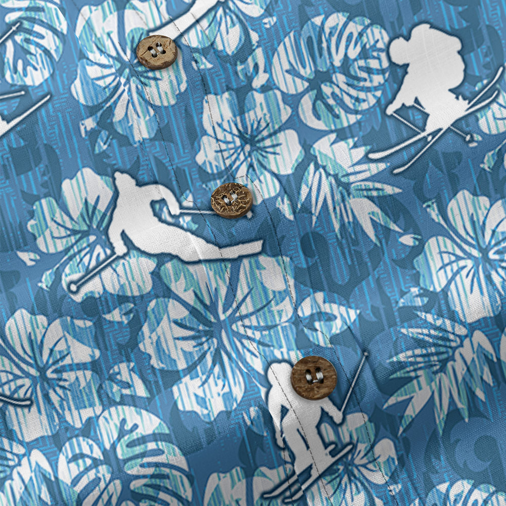 Skiing Cotton Button-Down Shirt with Tropical Print