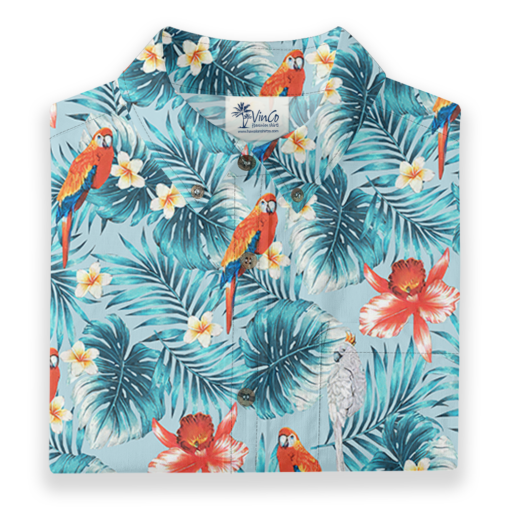 Men's Cotton Button Down Shirt with Tropical Birds