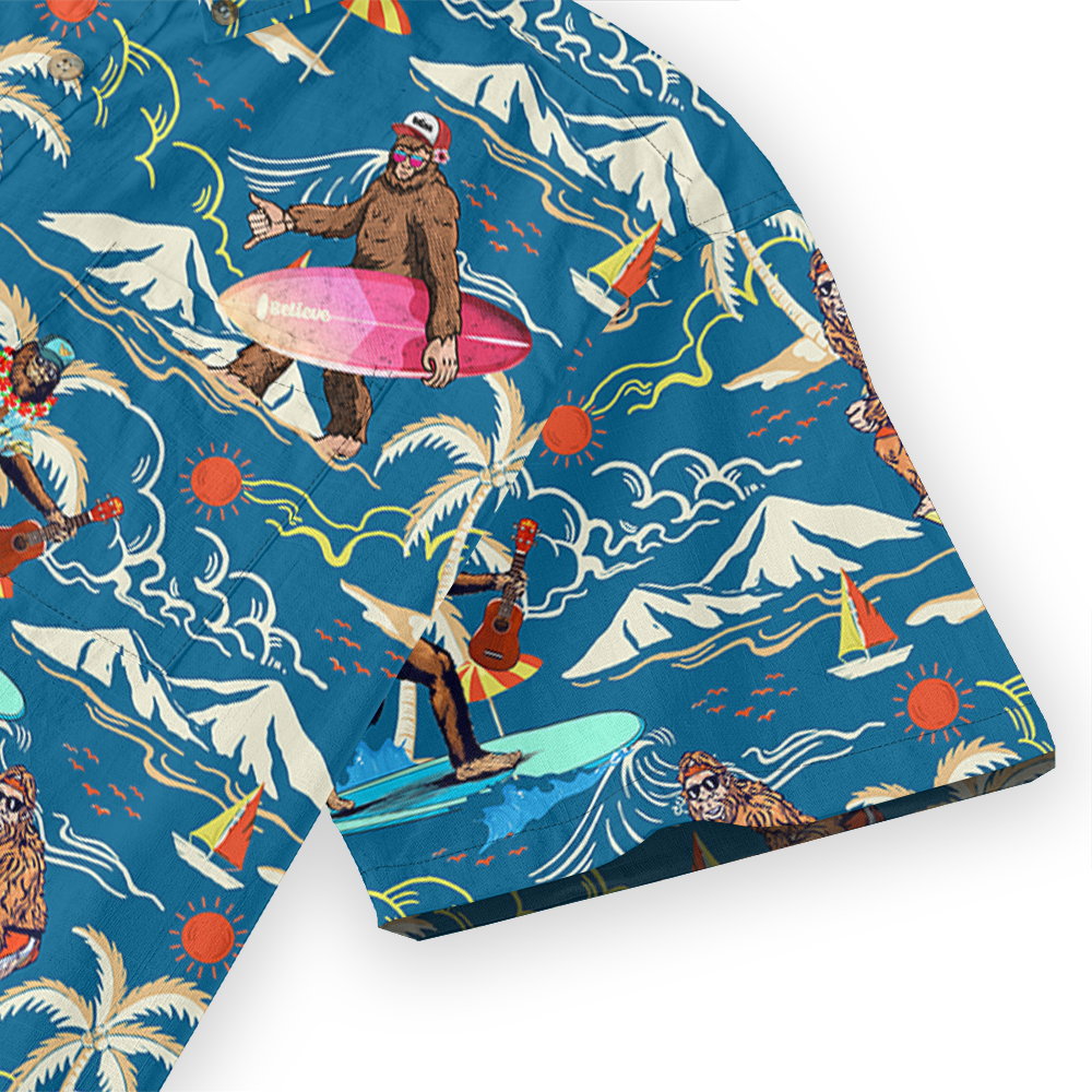 Tropical Surfing Bigfoot Cotton Button Down Shirt