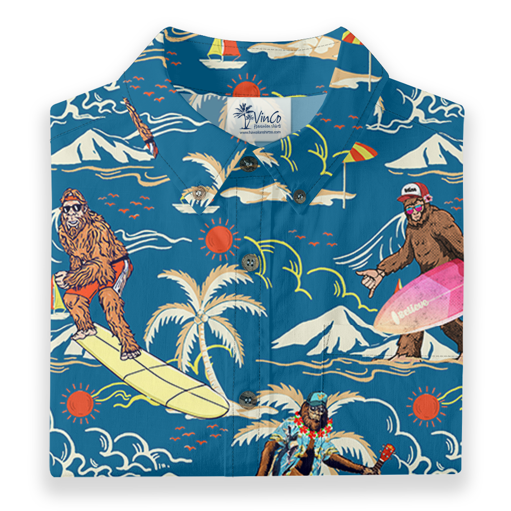 Tropical Surfing Bigfoot Cotton Button Down Shirt