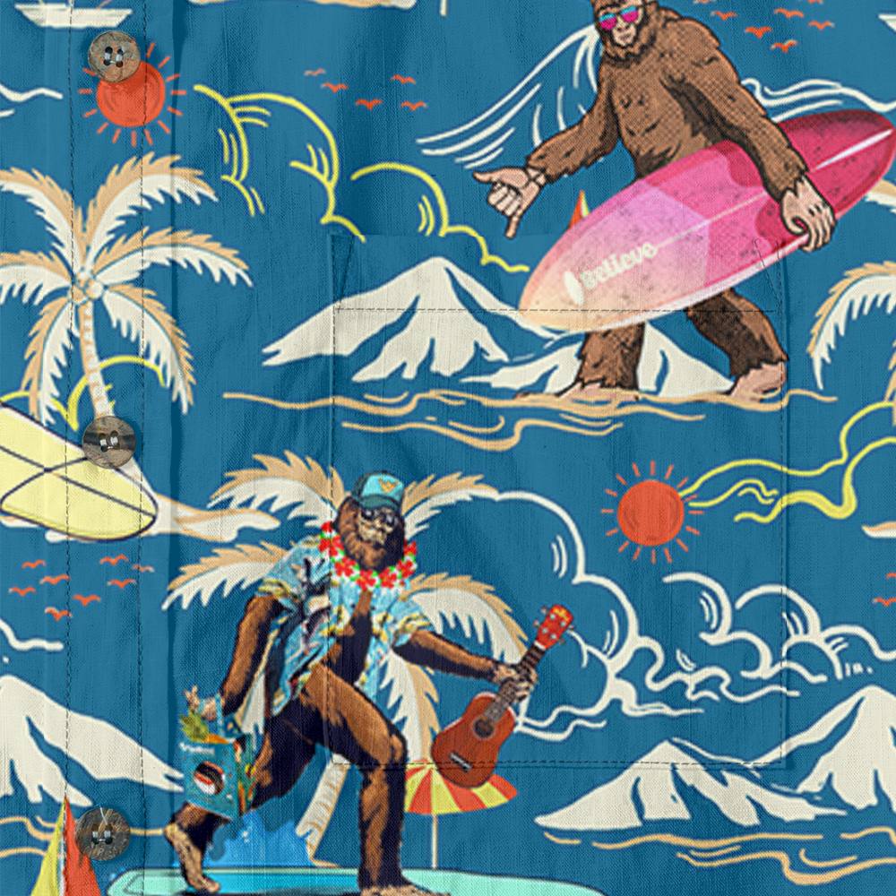 Tropical Surfing Bigfoot Cotton Button Down Shirt