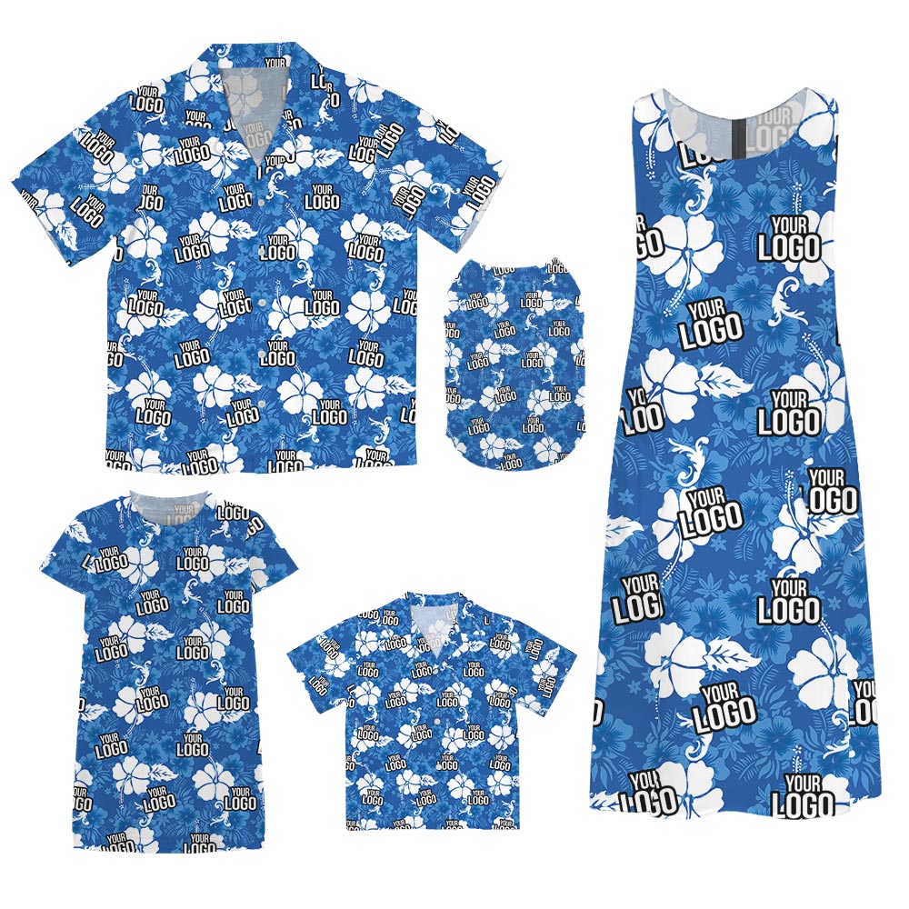 Customizable Matching Family Hawaiian Outfit Blue With Logo
