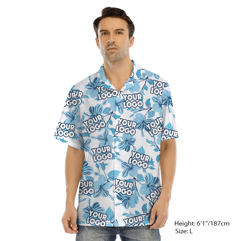 White And Blue Matching Family Hawaiian Shirt With Logo