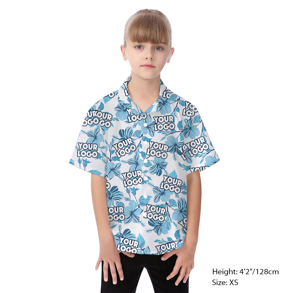 White And Blue Matching Family Hawaiian Shirt With Logo