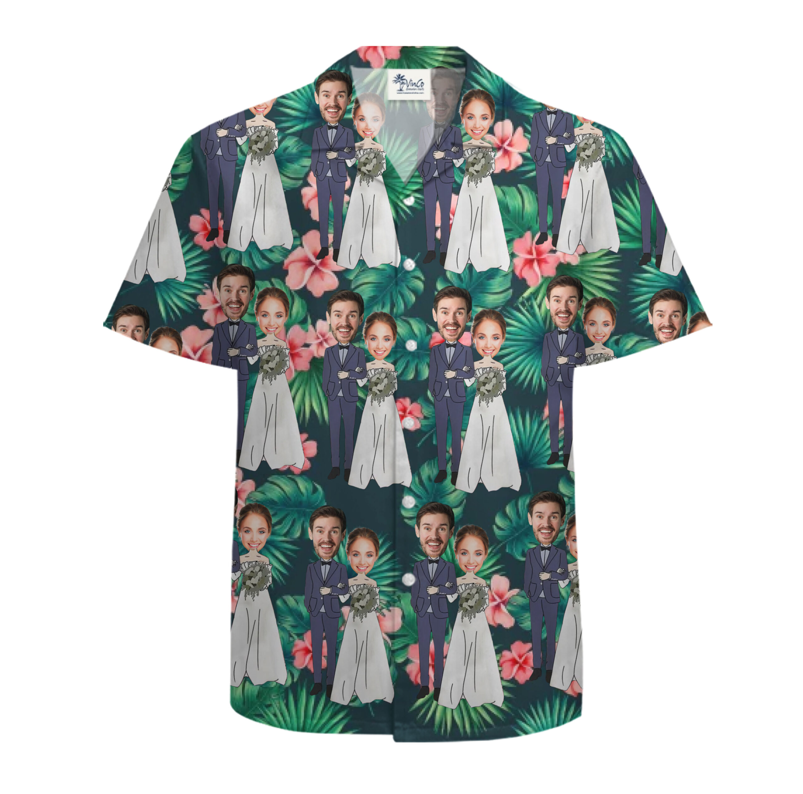 Custom Wedding Hawaiian Shirt – Tropical Bride &amp; Groom Face Pattern with New Live Preview