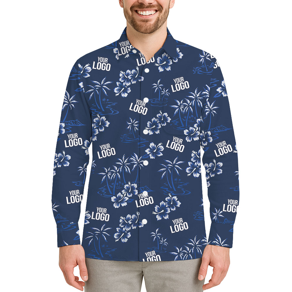 [Multiple Logos] Custom Navy Blue Long Sleeve Hawaiian Shirt | New Live Preview - variant image 1