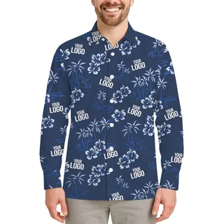 [Multiple Logos] Custom Navy Blue Long Sleeve Hawaiian Shirt | New Live Preview