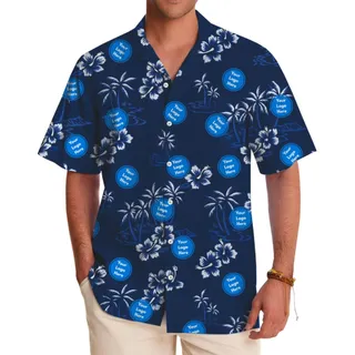 [Multiple Logos] Custom Navy Blue Hawaiian Shirt With New Live Preview