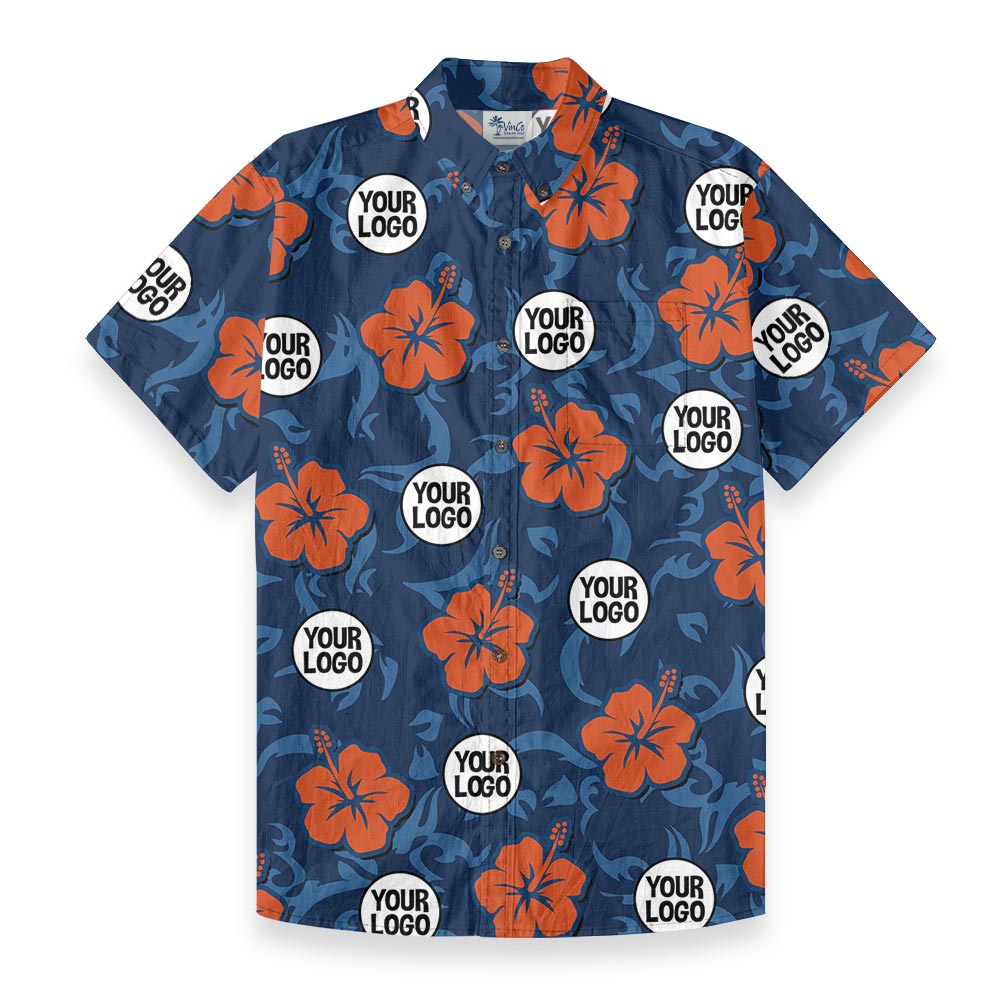 Bulk Order Custom Logo Navy Hibiscus Button Down Cotton Hawaiian - variant image 1