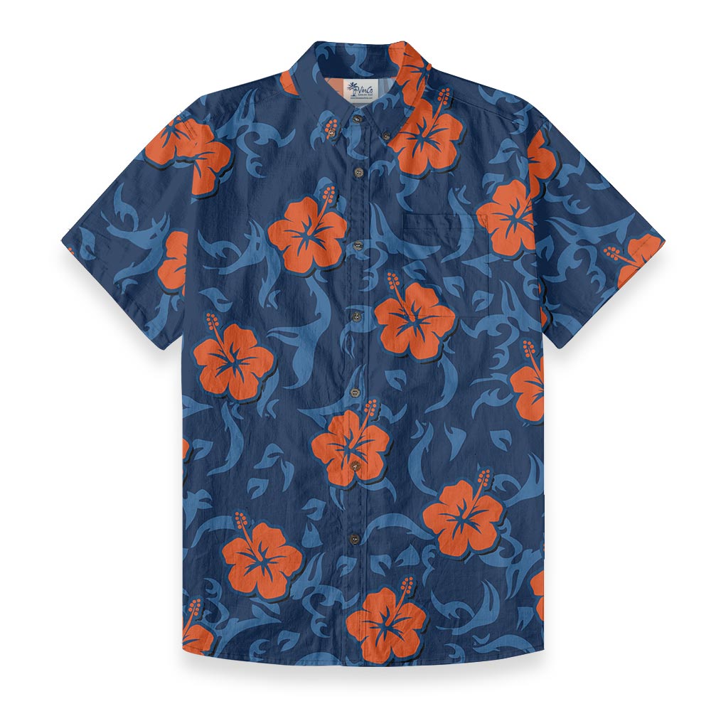 Hibiscus Navy Hawaiian Button Down Shirt Cotton - variant image 1
