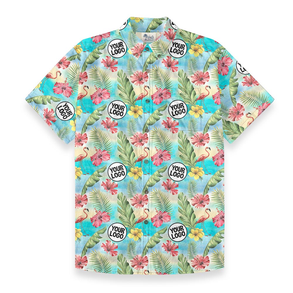 Tropical Flamingo Custom Logo Cotton Hawaiian Button Down Shirt - variant image 1