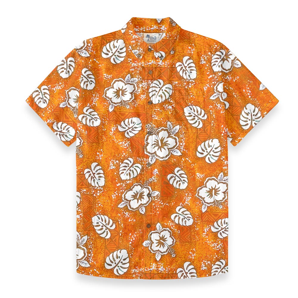 Orange Hibiscus Tribal Hawaiian Button Down Shirt Cotton - variant image 1