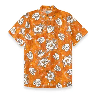 Orange Hibiscus Tribal Hawaiian Button Down Shirt Cotton