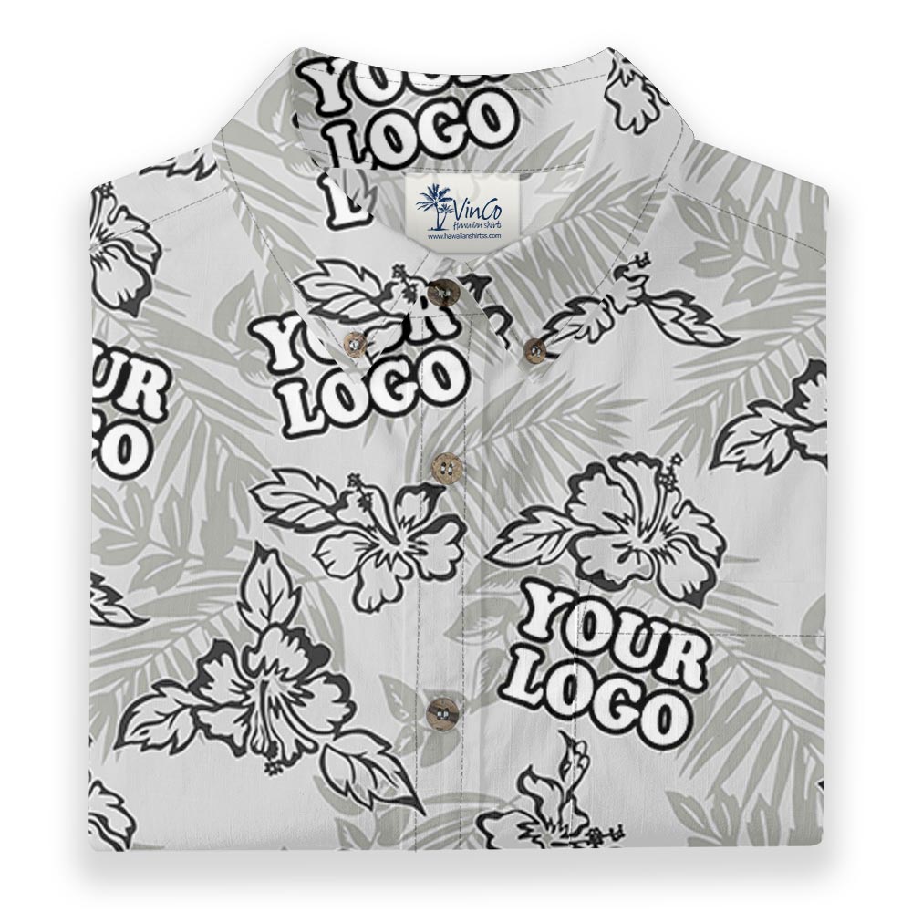 Gray Tropical Custom Logo Button Down Hawaiian Shirt Cotton