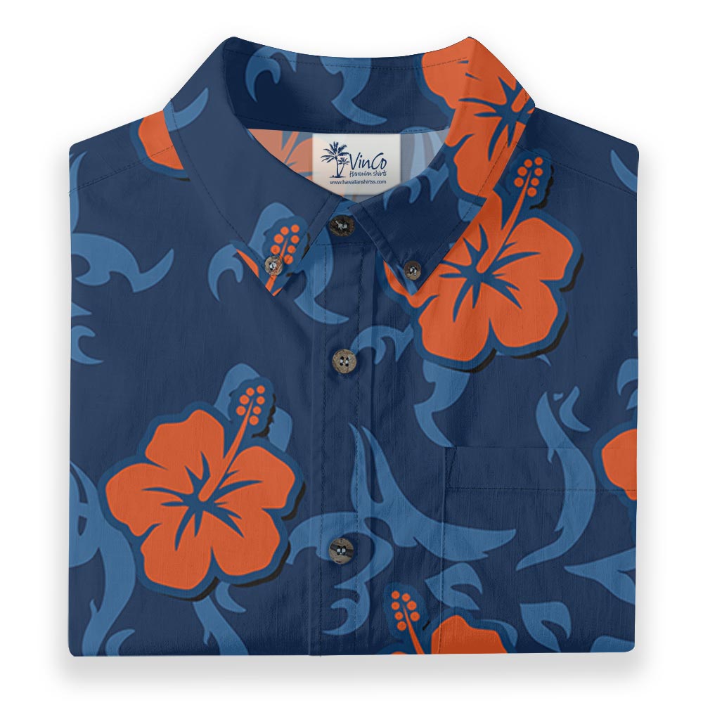 Hibiscus Navy Hawaiian Button Down Shirt Cotton