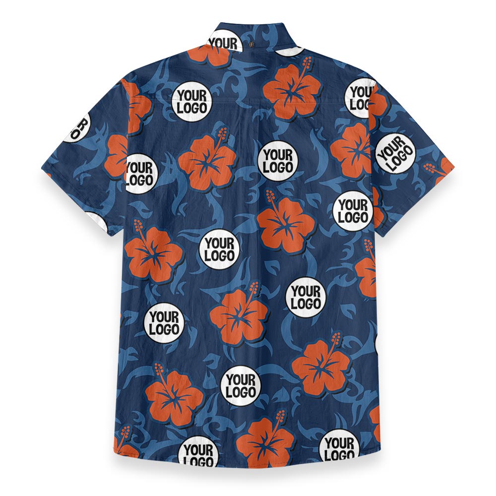 Bulk Order Custom Logo Navy Hibiscus Button Down Cotton Hawaiian