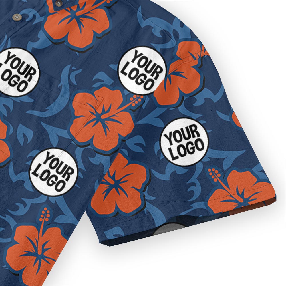 Bulk Order Custom Logo Navy Hibiscus Button Down Cotton Hawaiian