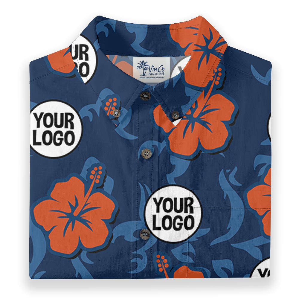Bulk Order Custom Logo Navy Hibiscus Button Down Cotton Hawaiian