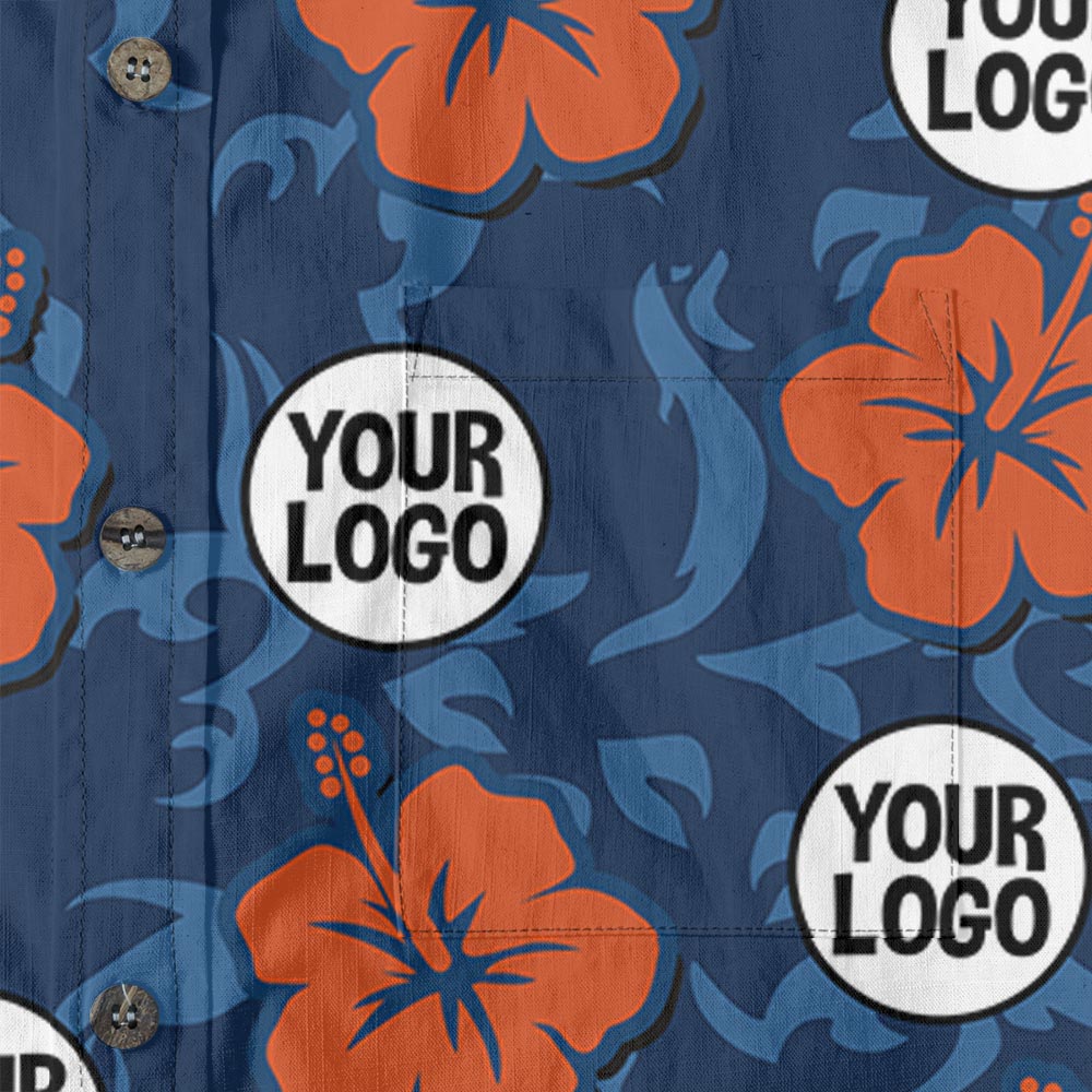 Bulk Order Custom Logo Navy Hibiscus Button Down Cotton Hawaiian