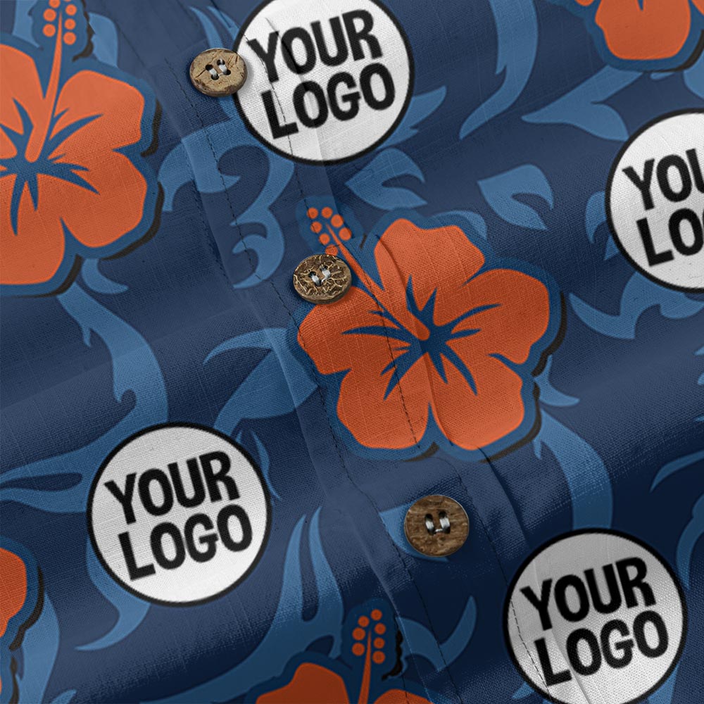 Bulk Order Custom Logo Navy Hibiscus Button Down Cotton Hawaiian